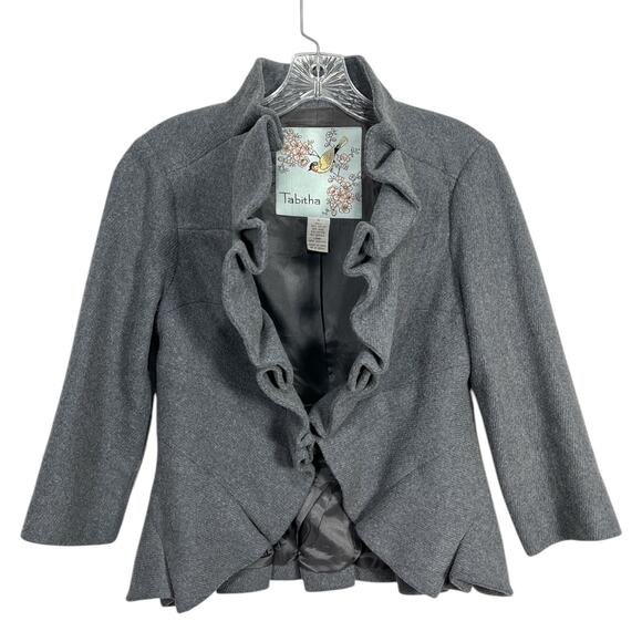 Anthropologie Tabitha Jacket Size 6 Gray Blue Wool Blend Terrace House Ruffle - Picture 1 of 11